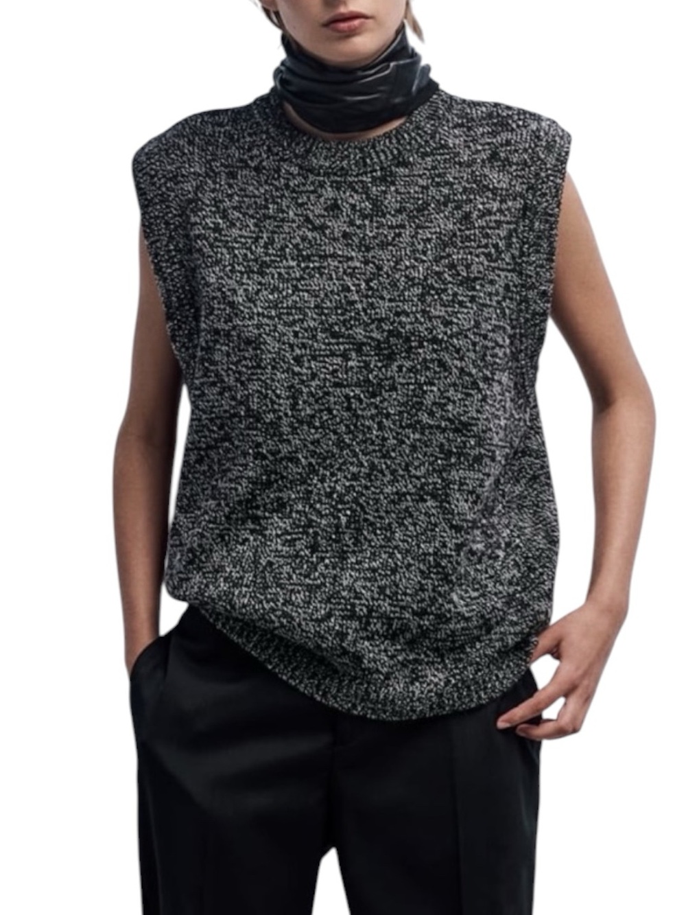 ZARA Black/Gray Oversized Textured Twisted Knit Sleeveless Sweater Size Small